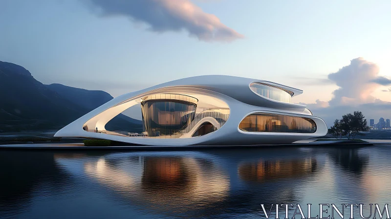 Sleek Modern Architecture on Waterfront AI Image