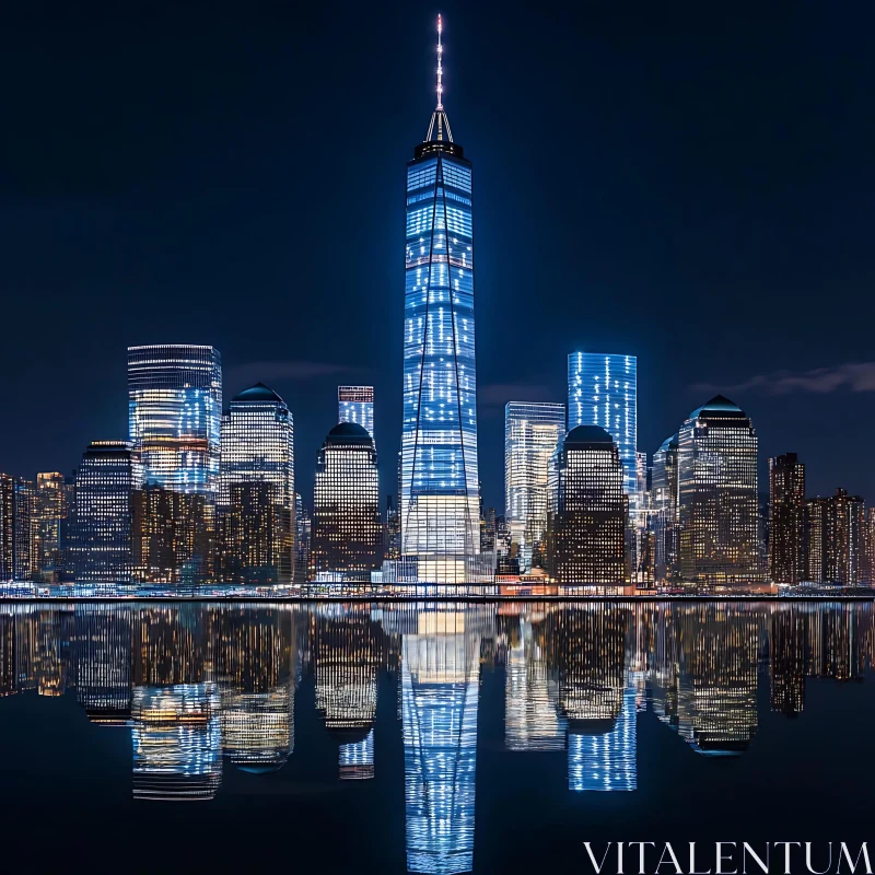 AI ART Nighttime Skyline with Reflected Skyscrapers