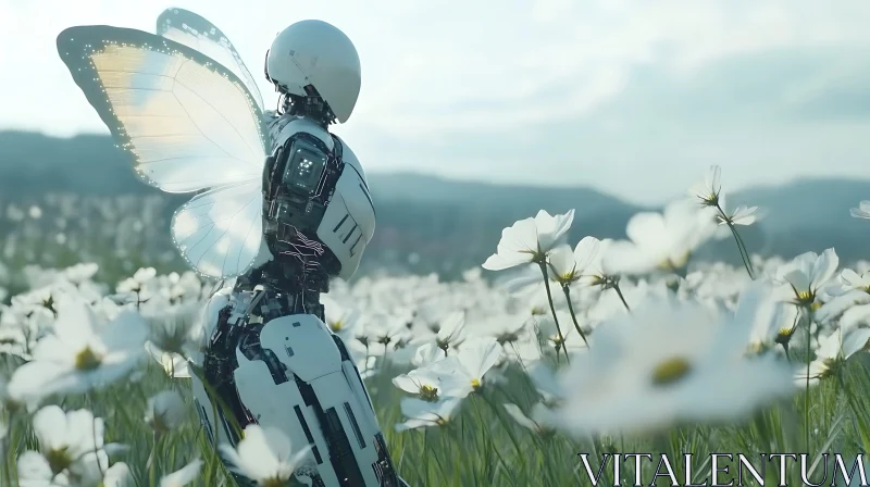 Cyborg in a Flower Field with Butterfly Wings AI Image