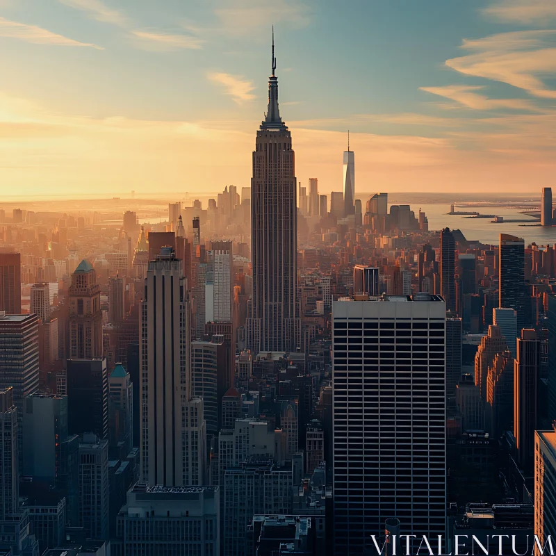 AI ART Sunset Over Urban Skyline Featuring Empire State Building