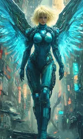 Blue Winged Cyborg Woman in Neon Urban Setting