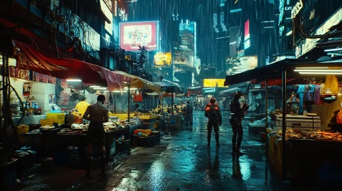 Futuristic Street Scene in the Rain