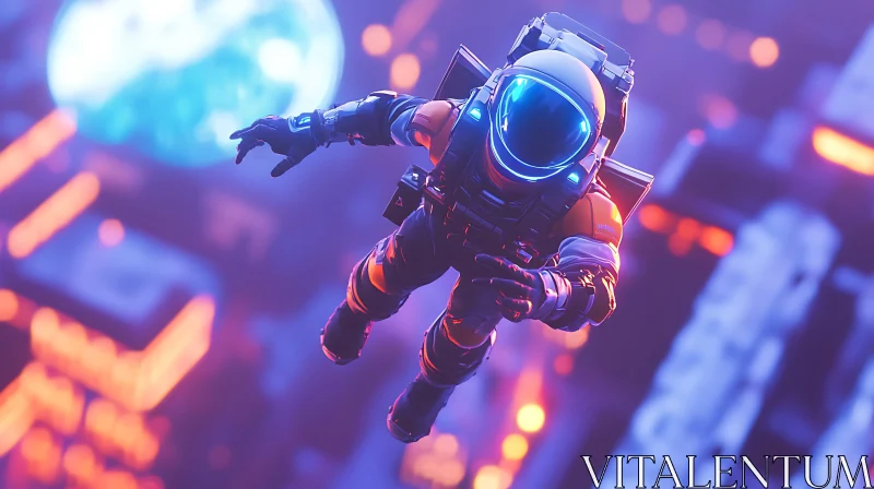 Neon Soaring Astronaut in Future Metropolis AI Image