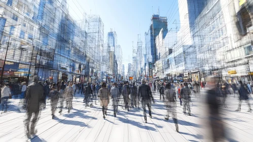 Urban Scene with Crowds and Artistic Building Outlines