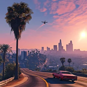 Sunset in the City with Car on Road and Airplane