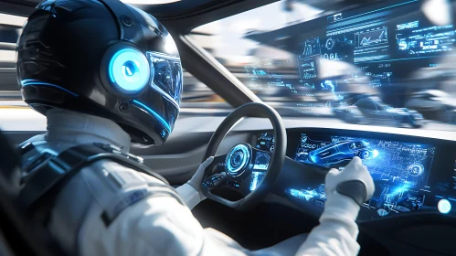 Cyborg Operating Advanced Vehicle with Holograms