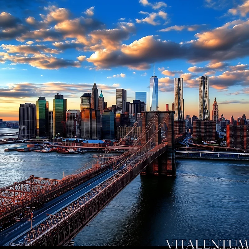 Sunset Over City Skyline and Brooklyn Bridge