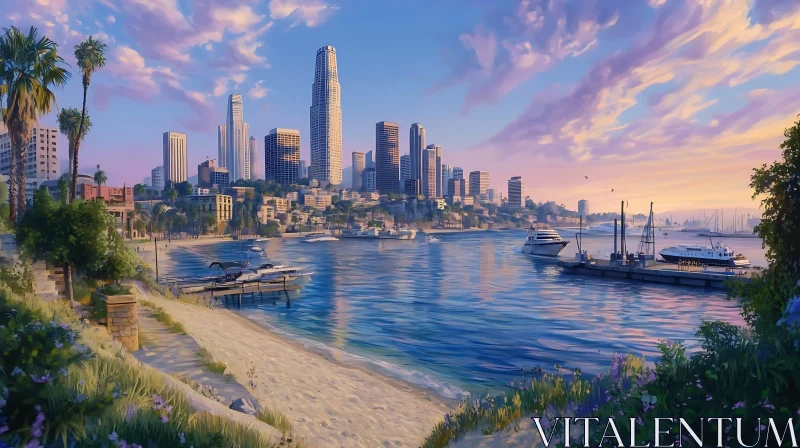 City Skyline and Beachfront at Dusk