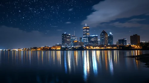 Illuminated Skyscrapers and Starry Sky Over City Waterfront