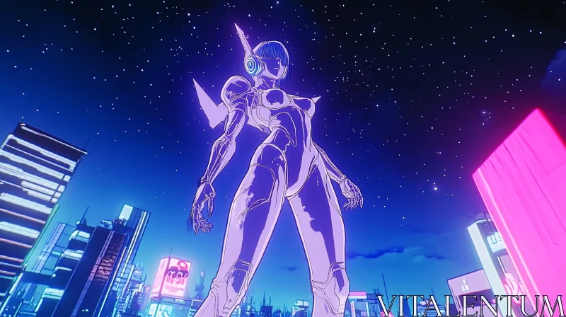 Cyborg in Neon City at Night