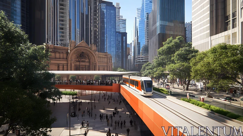 Contemporary City with Elevated Train and Skyscrapers AI Image