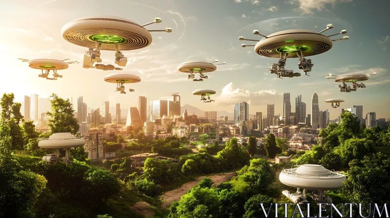 High-Tech Drones in a Modern Urban Setting AI Image