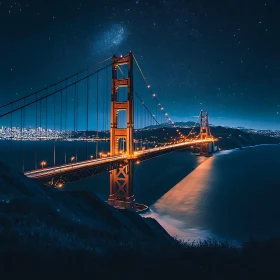 Nighttime View of Illuminated Suspension Bridge with Cityscape