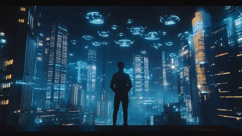 Shadowy Silhouette in Futuristic City with Hovering UFOs