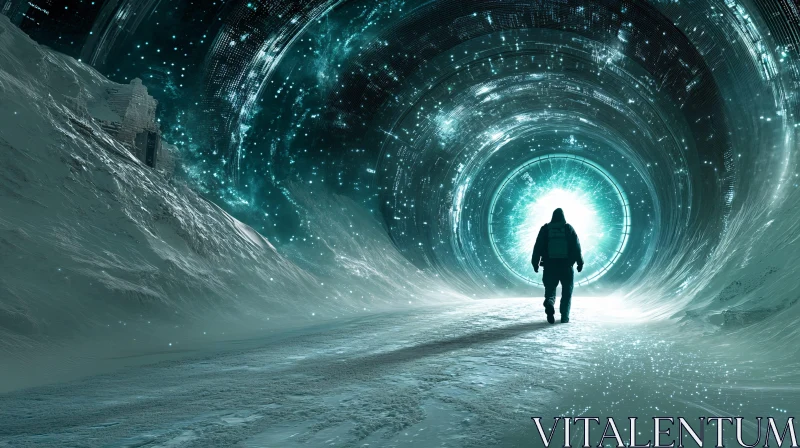 Journey to the Unknown: A Lone Figure and a Glowing Tunnel