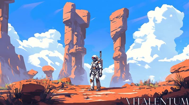 Futuristic Astronaut Exploring Alien Desert Landscape