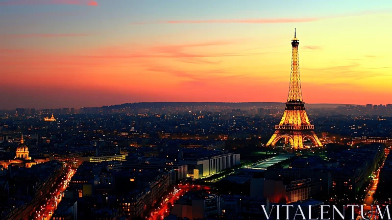 Illuminated Eiffel Tower and Paris Sunset Skyline