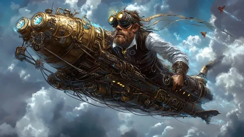 Mechanical Aircraft and Aviator in Clouds