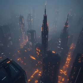 Cyberpunk City in Foggy Night
