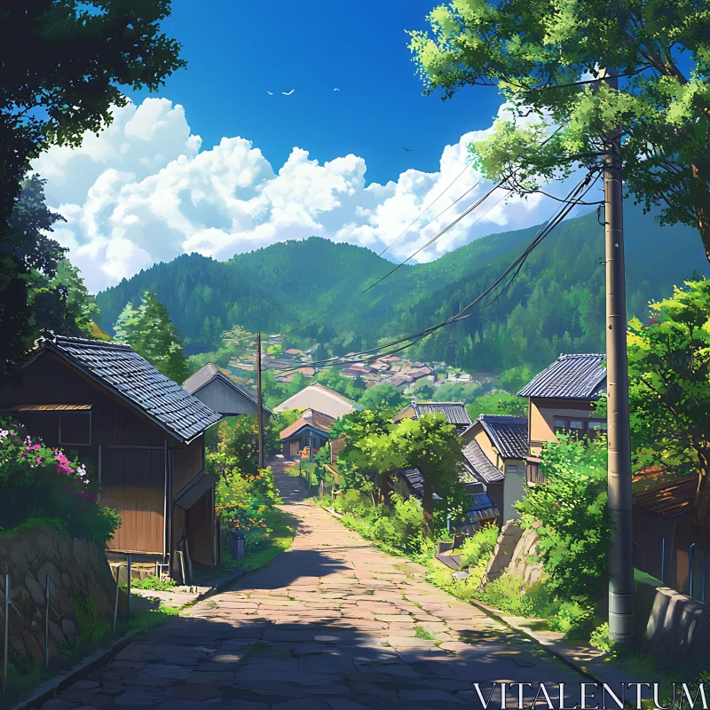Serene Village Landscape with Sunlit Mountains