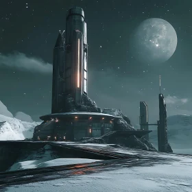 Moonlit Sci-Fi Architecture in Snowy Landscape