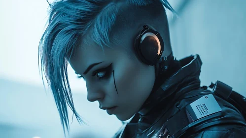 Futuristic Individual with Blue Hair and Headphones
