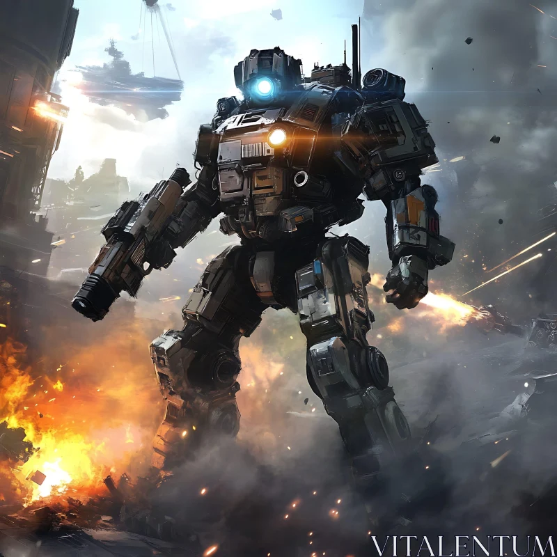Mecha War Machine Amidst Explosions