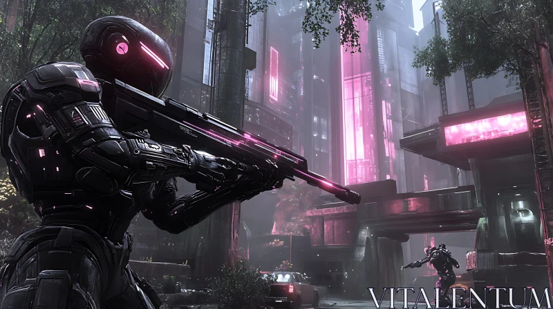 Cyber Soldiers in Futuristic Urban Setting AI Image