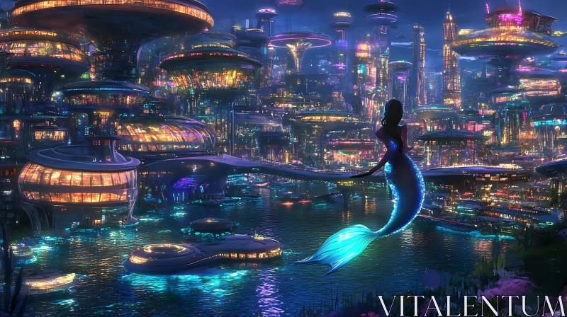 Mermaid Overlooking a Neon-Lit Futuristic City AI Image