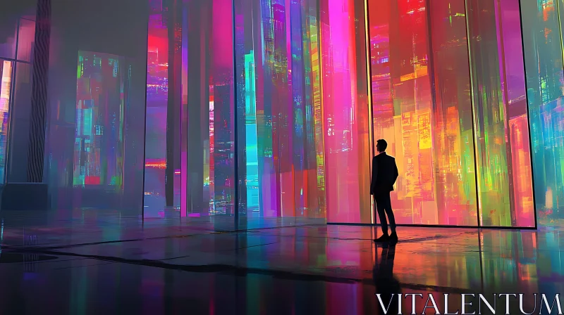 Vibrant Futuristic Cityscape with Lone Figure AI Image