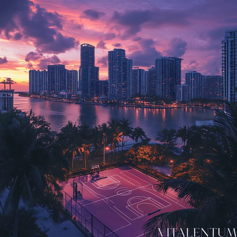 Urban Sunset with Lit Basketball Court and Skyline AI Image