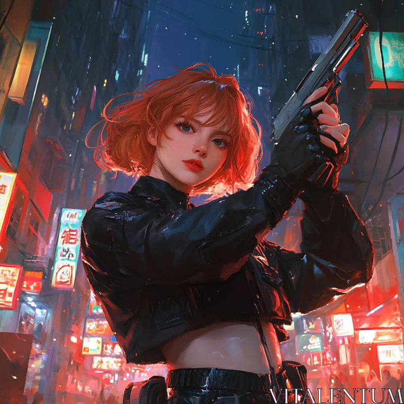 Futuristic Red-haired Woman in Cyberpunk City AI Image