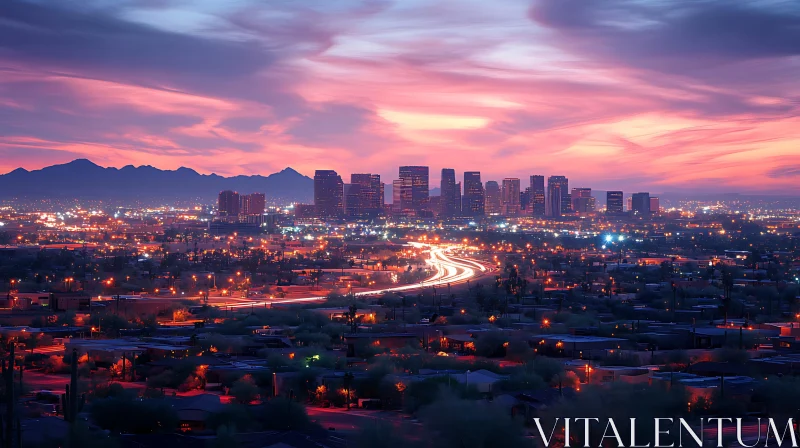 Urban Sunset Skyline with City Lights and Mountain Backdrop AI Image