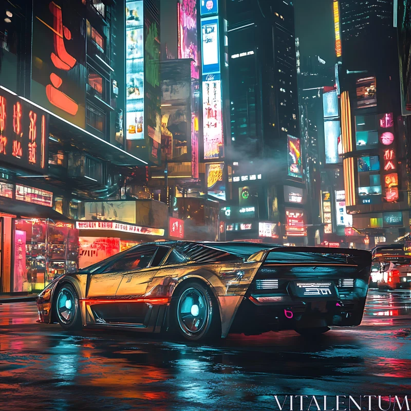 Cyberpunk City Scene with Modern Car AI Image