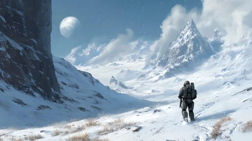 Solitary Adventurer in Snowy Peaks with a Distant Planet