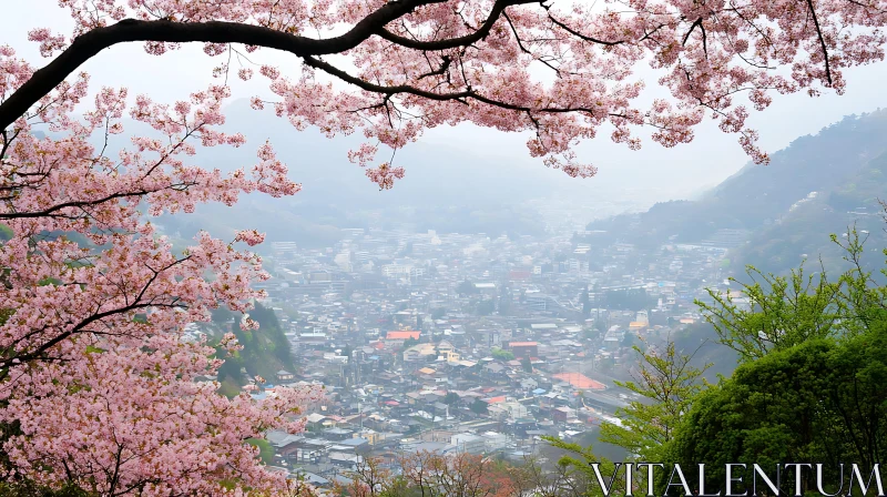 Urban Nature: Cherry Blossoms in Bloom over City AI Image