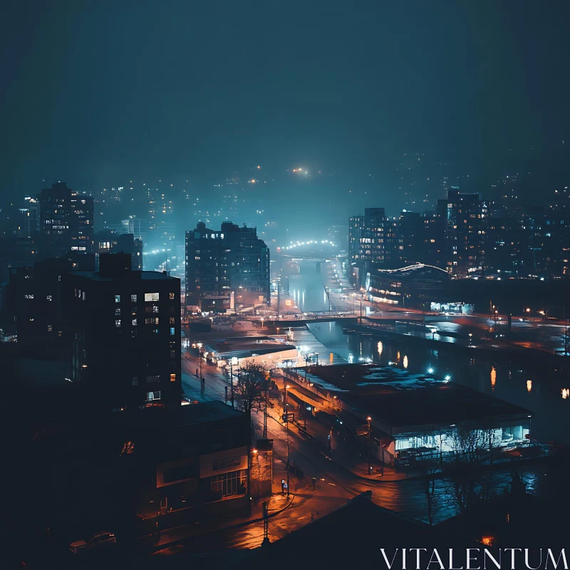 Misty Nighttime Cityscape with Reflections AI Image