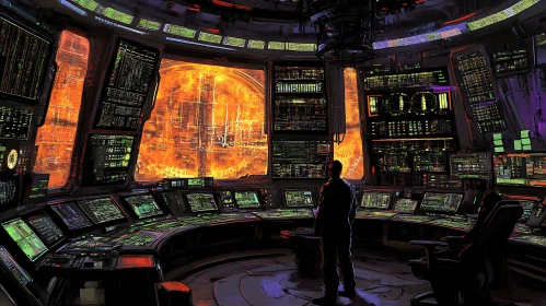 High-Tech Control Room Overlooking a Fiery Celestial Body