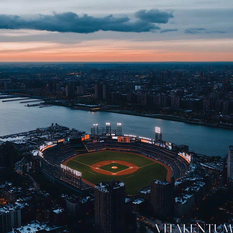 Cityscape with Baseball Stadium and River at Dusk AI Image