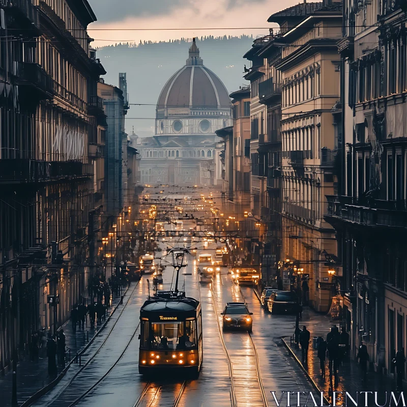 City Evening with Tram and Historical Architecture AI Image