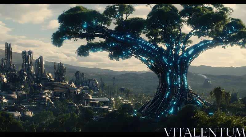 Advanced Technological Tree in a Futuristic Landscape AI Image