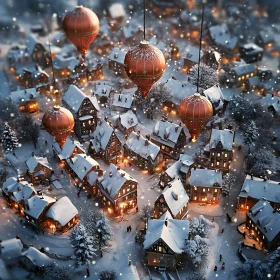 Whimsical Snowy Village with Floating Balloons