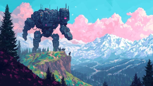 Robot Over Cliff Pixel Art