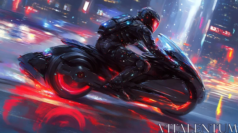 Advanced Tech Rider on Futuristic Bike in Colorful Night City AI Image