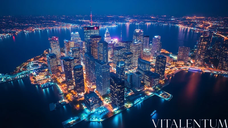 Illuminated Skyscrapers in Nighttime Aerial Cityscape AI Image