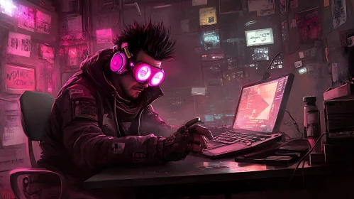 Futuristic Hacker with Neon Gear in a Tech Room