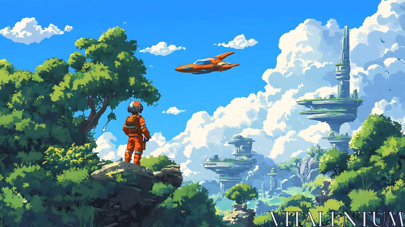 Futuristic Landscape with Floating Structures and Spaceship AI Image