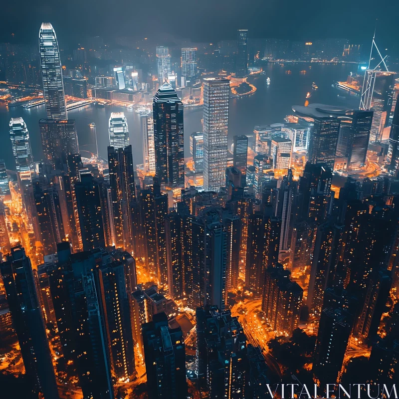 Illuminated Night Cityscape from Above AI Image