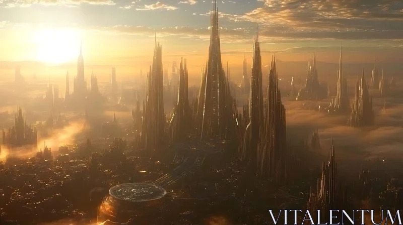 Majestic Futuristic Skyline at Sunset AI Image