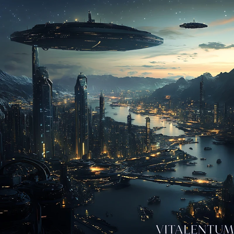 Sci-Fi Urban Nightscape with High-Rise Buildings and Spaceships AI Image